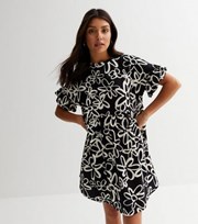 New Look Black Floral Jersey Frill Sleeve Mini Smock Dress